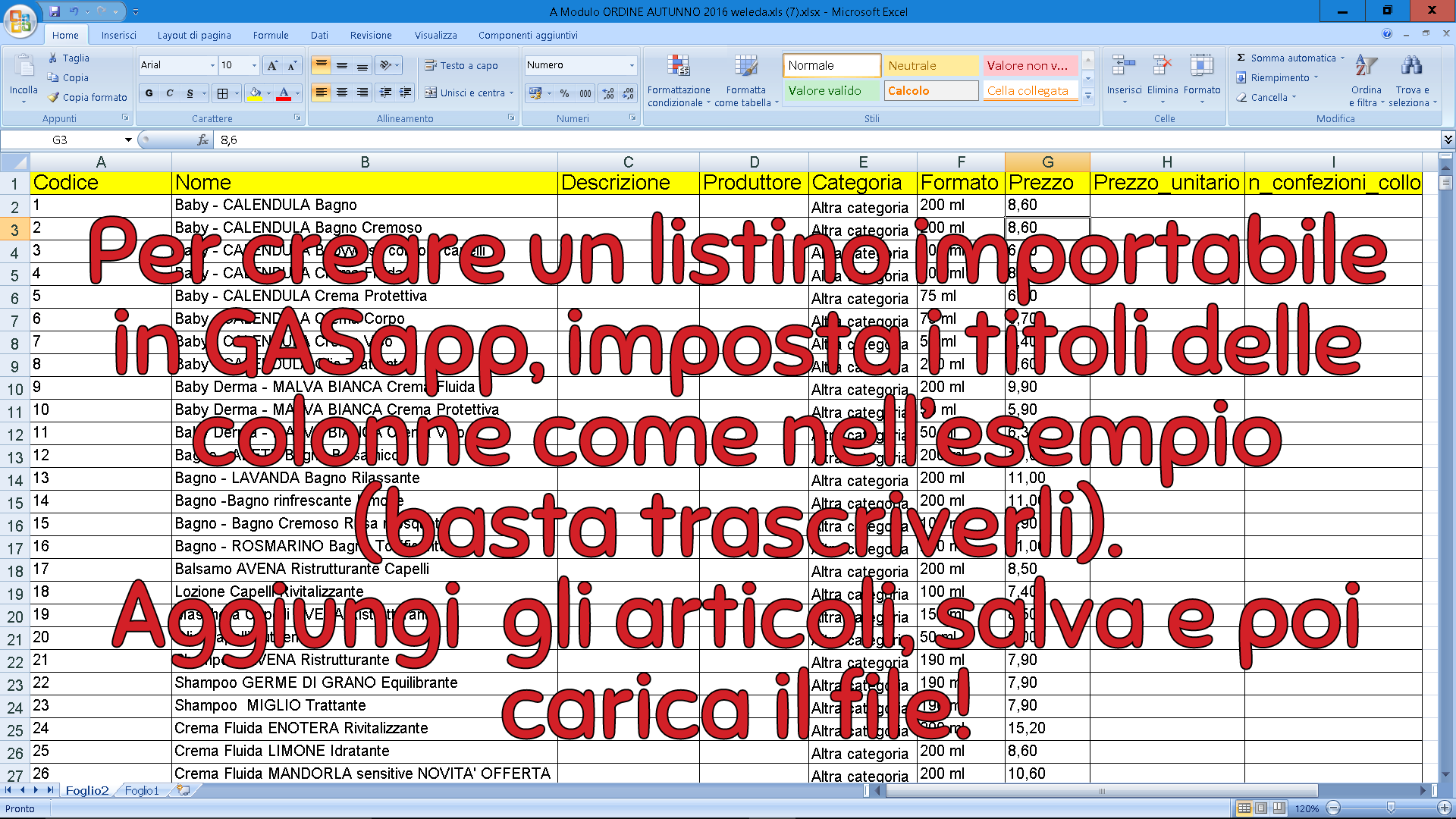Esempio colonne file Excel